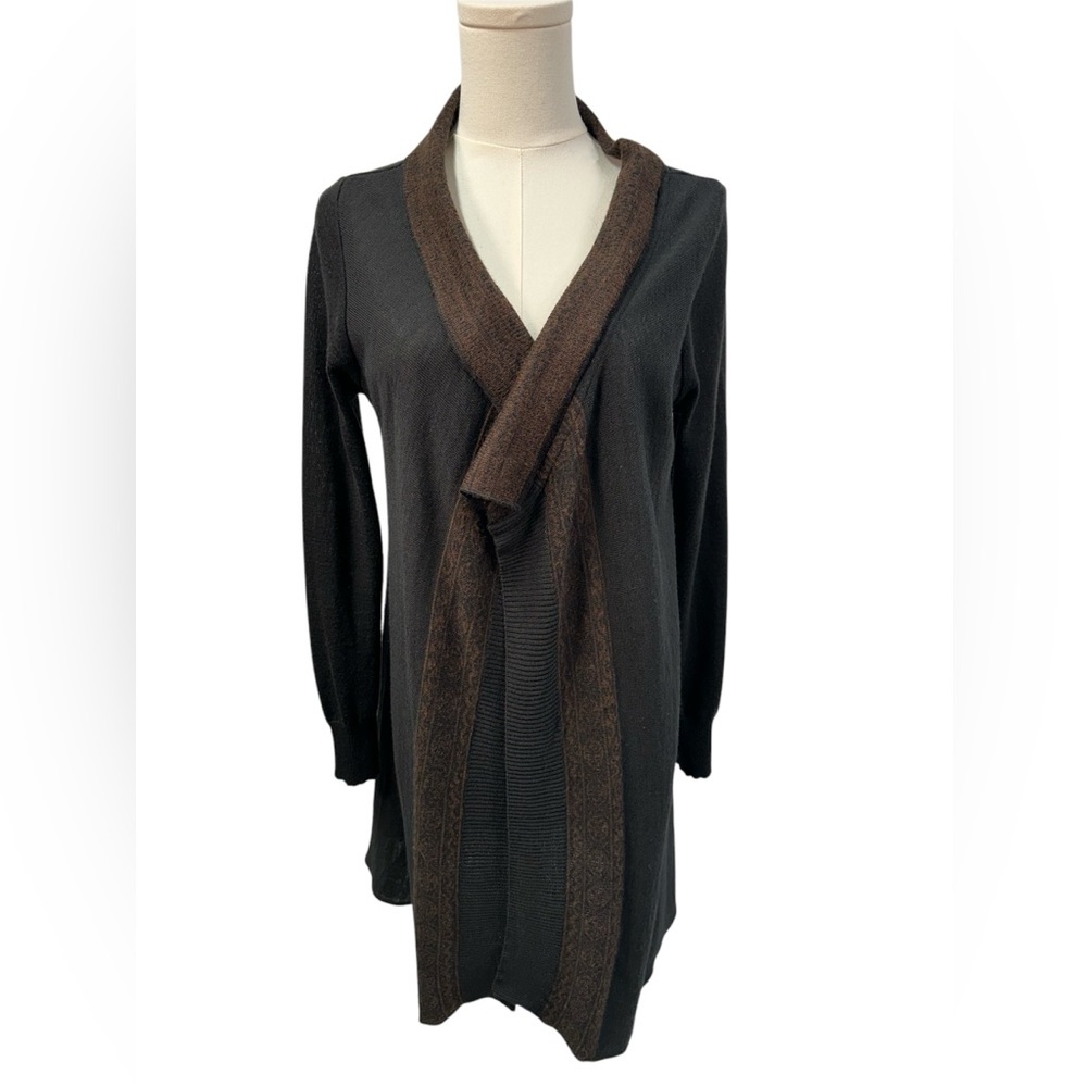 LO. RI. Open Front Cardigan Sweater Wool Tunic Wrap Tribal Knit‎ Italy Black Med